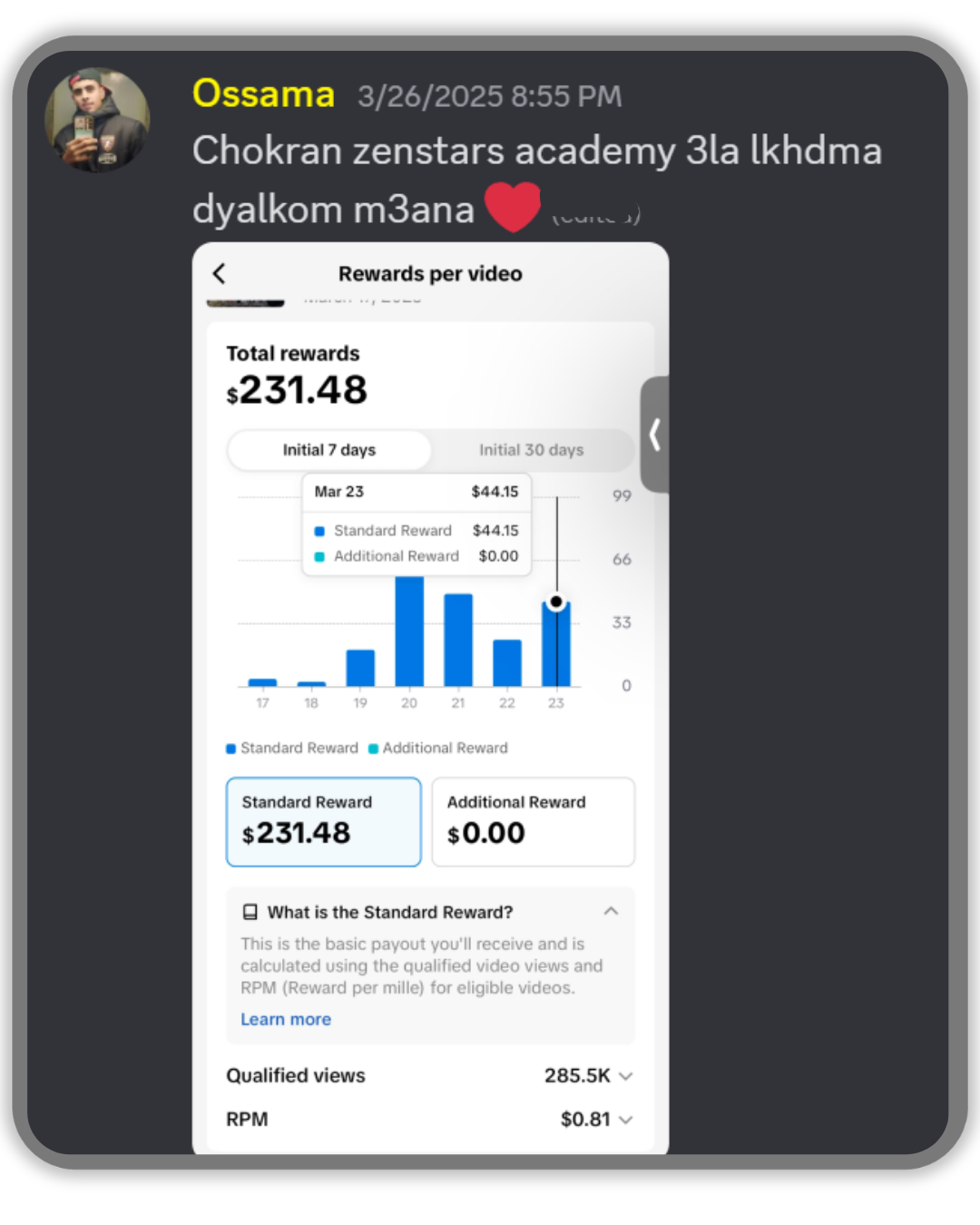 Student payout screenshot — $231.48